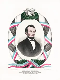 Atop: A bust portrait of Abraham Lincoln surrounded