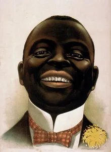 Blackface: Bust portrait of smiling African American, facing