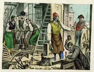 Wheelwright: Busy scene in a wheelwright's workshop