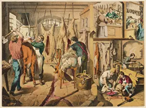 Carcase: Butchers at work, with shop scene