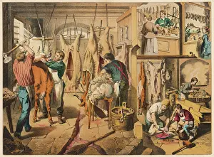 Pork: Butchers at work, with shop scene