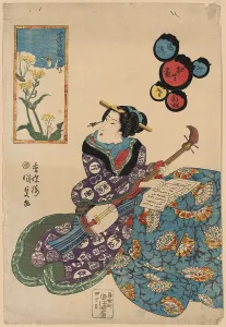 Shamisen: Butterfly on rape blossoms nanohana