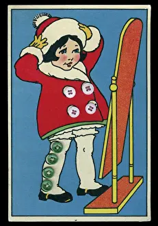 Pompom: Button card with little girl and mirror