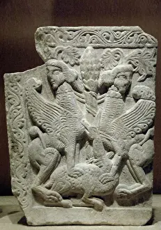 Flagstone: Byzantine art. Tree of life between two sphinxes treading a