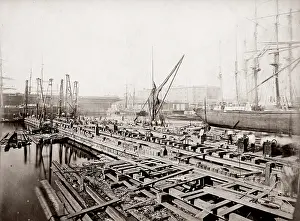 Dockyard: c.1880s - dockyard scene, probably London, with cranes