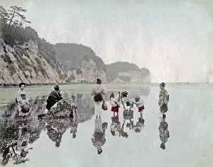 Shellfish: c.1880s Japan - picking shellfish on the shore
