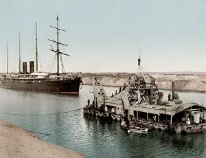 Dredger: c.1890's Egypt - dredger and ship on the Suez Canal