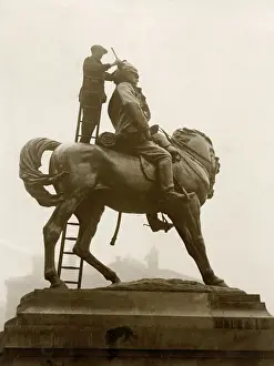 Gelatin: c.1920's -cleaning equestrian statue, Earl Roberts, London