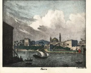 Dhow: Cairo, Egypt, with a dhow on the water, camels and mosque