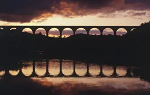 Calstock: Calstock Viaduct at sunset, River Tamar, Cornwall