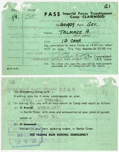 Talmage: Camp Clairwood pass 1943