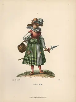 Breughel: Camp follower from the 17th century, with lance and basket