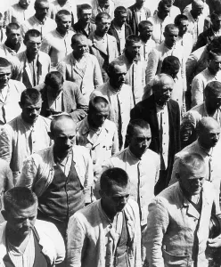 Prewar: Camp internees at roll call at Dachau concentration camp, Ba