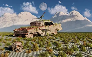 Stuck: Campsognathus dinosaurs explore a fossilized 1950's ?