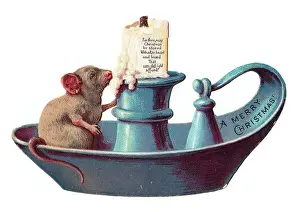 Nibbling: Candle holder and mouse on a cutout Christmas card
