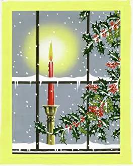 Candlestick: Candle by window with falling snow