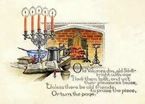 Candelabra: Candles, books, tankard and fireplace
