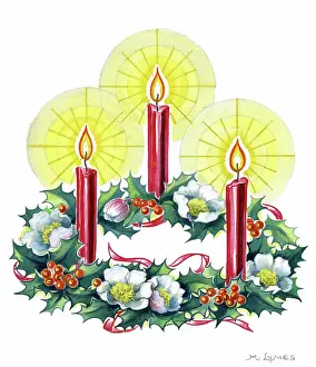 Lynes: Candles with holly and Christmas roses