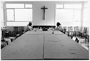 Chequered: Two canons in refectory, Storrington Priory