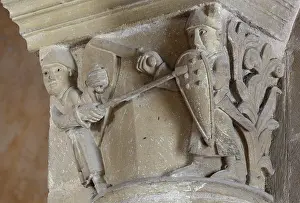 Fides: Capital with knights, Abbatiale Sainte-Foy, Conques