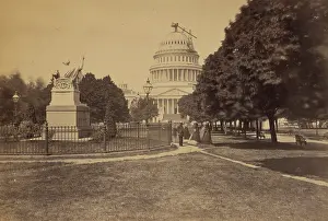 Sightseers: Capitol, Washington, DC, east front. Statue of Washington in
