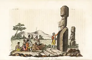 Rapa: Captain James Cook examining the Moai statues