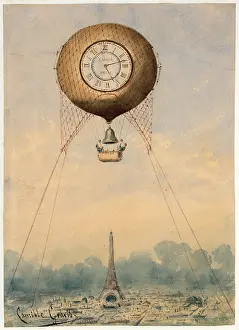 Balloonists: Captive balloon with clock face and bell, floating above the