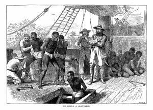 Captives: Captives being brought on board a slave ship on