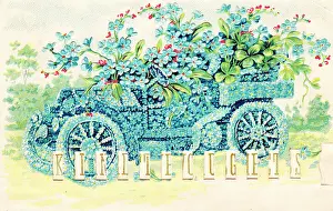Forgetmenot: Car full of blue flowers on a greetings postcard