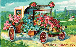 Forgetmenot: Car full of flowers on an Easter postcard