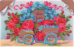 Forgetmenot: Car full of red and blue flowers on a greetings postcard
