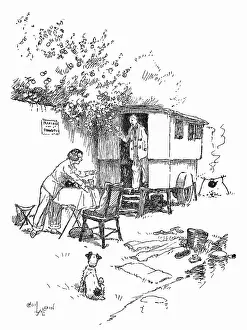 Caravanning: Caravanning scene with couple and dog