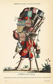 Banished: Caricature of the Duke de la Force laden with boxes, 1721
