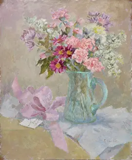 Carnations: Carnations etc in a glass jug with ribbon