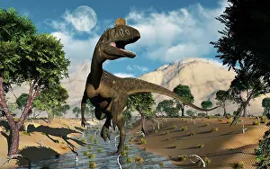 Riverbed: A carnivorous Cryolophosaurus dinosaur walking along a ?