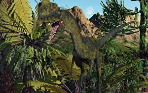 Frustration: A carnivorous Dilophosaurus looking for its next meal in a ?