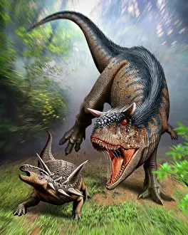 Ceratosaur: Carnotaurus attacking an Antarctopelta armored dinosaur