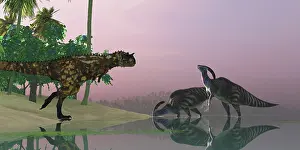 Carnotaurus: A Carnotaurus dinosaur attacks two Parasaurolophus dinosaurs