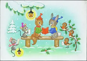 Adair: Carol Singers - rabbit, squirrel, mice and robins with lante