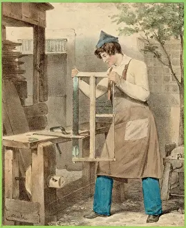 Grindstone: CARPENTER AT WORK/SAWING