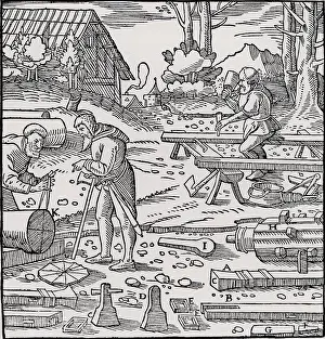 Stamping: Carpenters constructing a stamping mill for breaking