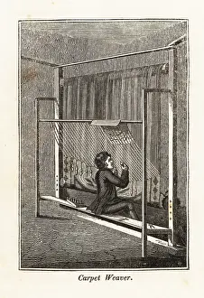 Carpet weaver knotting a rug on a frame