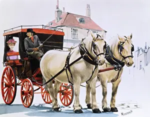 Brasses: Carriage pulled by two white shire horses