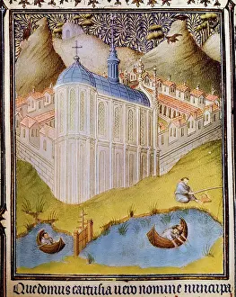 Heures: Carthusian monks netting and hooking fish in monastery