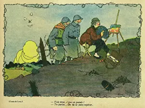 Easel: Cartoon, Artist on a battlefield, WW1