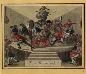 Carousels: Cartoon The carousel. Copper engraving