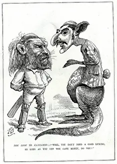 Cricketers: Cartoon, cricketing lion and kangaroo
