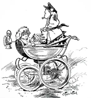 Buggy: A cartoon depicting babies using their carriage