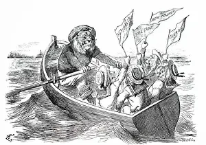 Colonies: A cartoon depicting the British Lion rowing his