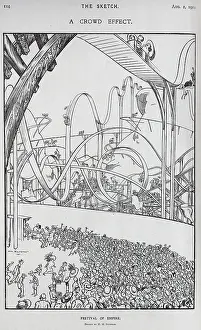 Rollercoaster: Cartoon by H M Bateman, of crowds queueing, big dipper ride
